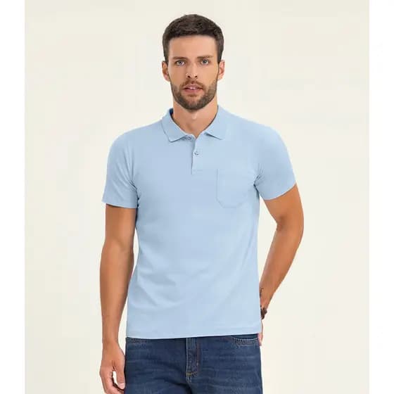 Polo Masculina Com Bolso Cotton Leve Diametro Azul