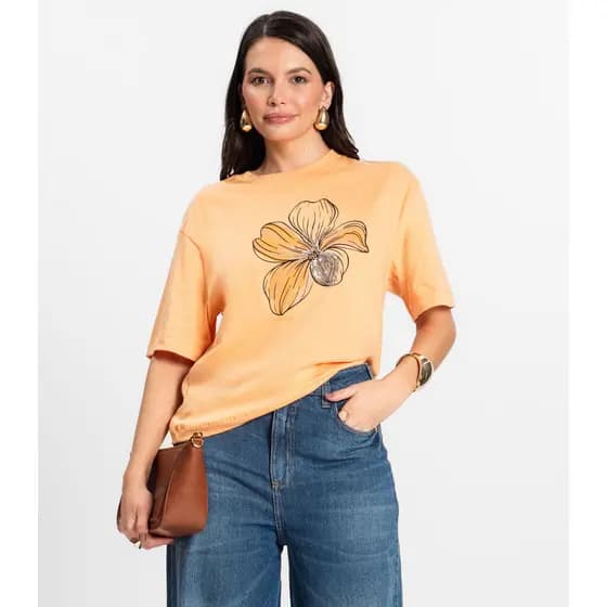 T- Shirt Box Feminina em Meia Malha Rovitex Laranja