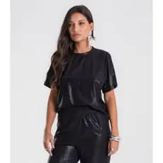 Blusa Feminina em Malha Plissada Cropped Dianna Preto