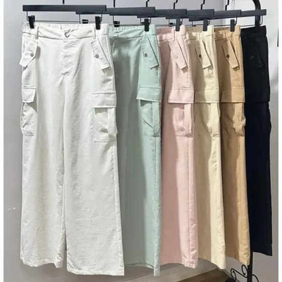 Calça Cargo Pantalona Leve Com Bolsos Na Lateral C0662