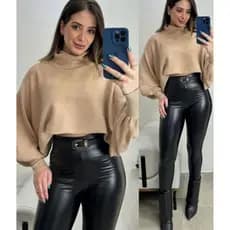 Blusa Cropped Manga Longa Bufante Tricô Gola Alta