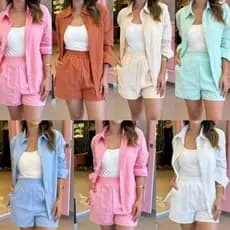 Conjunto Feminino de 2 Peças Shorts E Camisa Linho Com Elastico 788