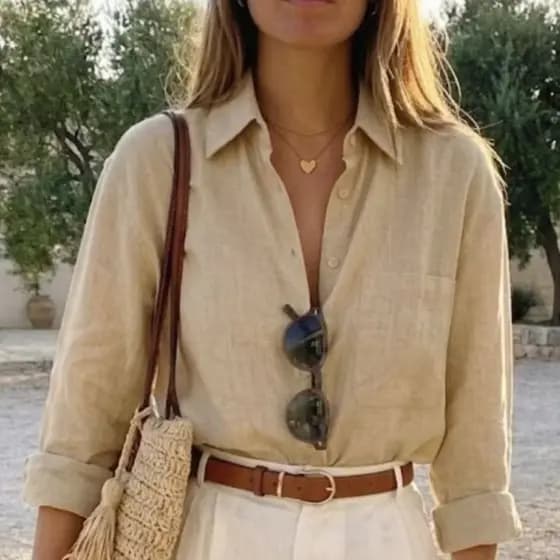 Camisa Feminina De Linho Social Com Botão Manga Longa Com Bolsos
