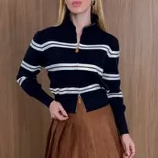 Blusa Casaco Tricô Modal Com Ziper Listrado C036#