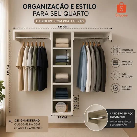 Closet Com 2 Cabideiro Nicho Multiuso Lavanderia Quarto Closet- 89