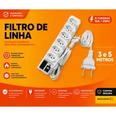 Filtro de Linha Régua Elétrica 5 e 6 Tomadas 3 Metros e 5 Metros Branco 10A
