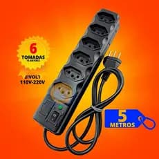 Filtro de Linha Cabo PP 3, 4, 5 e 6 Tomadas 3 e 5 Metros bivolt Fusível Chave E Led 10A