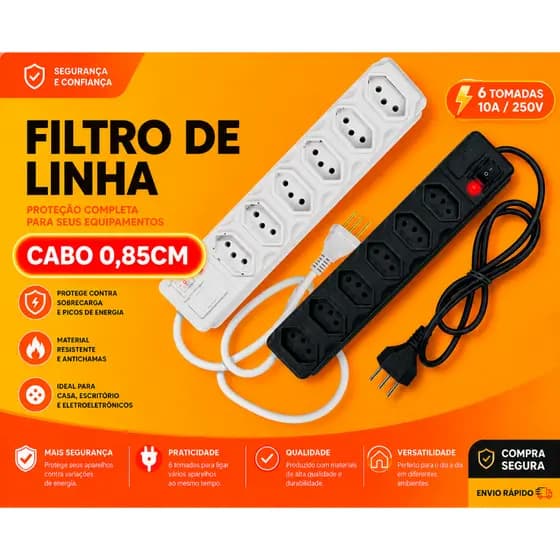 Filtro de Linha Branco e Preto 3, 4, 5 e 6 Tomadas Extensão Elétrica Régua Elétrica 10A