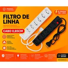 Filtro de Linha Branco e Preto 3, 4, 5 e 6 Tomadas Extensão Elétrica Régua Elétrica 10A