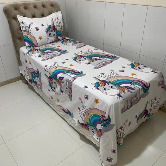 Lençol Infantil Unicórnio Arco-Íris 2 Peças Desenho Para Criança Menina e Menino
