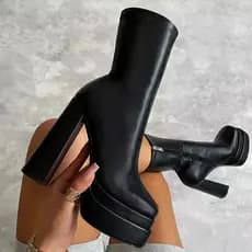 Primavera salto alto com zíper lateral de salto grosso mesa impermeável de sola grossa Botas de cano médio botas elásticas botas de couro casuais da moda tamanho 43