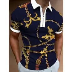 Roupas Masculinas de Verão, Camisas Polo com Estampa de Corrente Dourada, Camiseta Casual de Manga Curta, Camisa Polo co