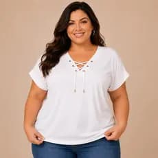 Blusa Preta Feminina Plus Size Manga Curta Decote Ilhós Viscolycra Premium 44/50