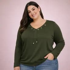 Blusa Feminina  Manga longa Decote V Ilhós Plus Size 44 ao 52  Inverno  Frio 2026