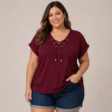 Blusa Básica Feminina Manga Morcego Decote Em V Com Ilhós G ao G3