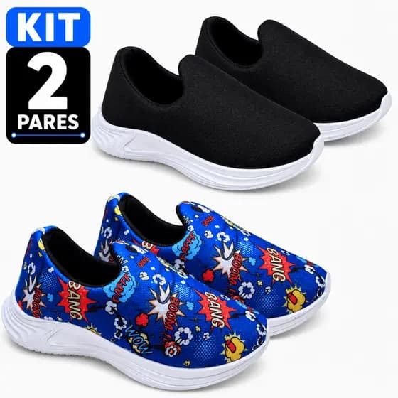 Kit 2 Pares Tênis Infantil Menino Calce Fácil Escolar Casual Confortável Antiderrapante Boom