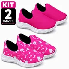 Kit 2 Pares Tênis Infantil Menina Calce Fácil Escolar Casual Confortável Antiderrapante Princesa