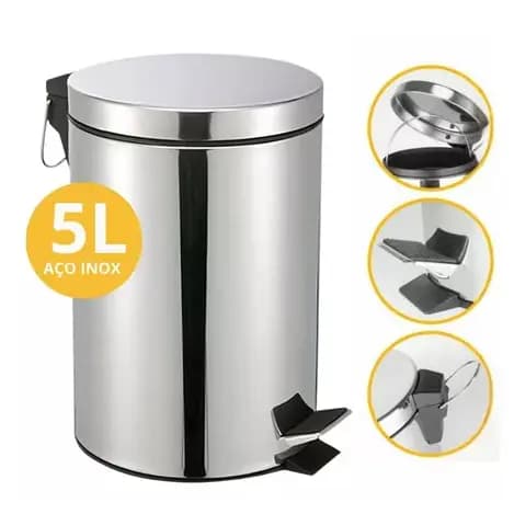 Lixeira Aço Inox 5 litros C/ Pedal Cesto Interno Removivel Banheiro Cozinha Escritorio
