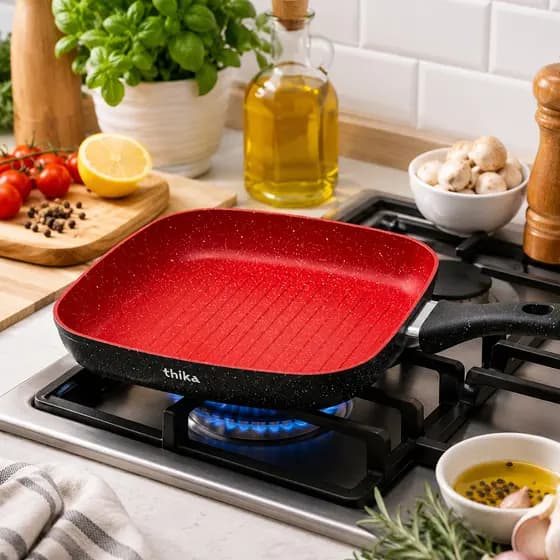 Frigideira Grill Antiaderente Indução Quadrada 24cm Stone Red Point Cabo Resistente Durável