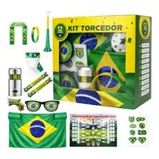 Kit Torcedor Brasil Bandeira Vuvuzela Corneta Tina de Rosto Pulseira Bandana Faixa