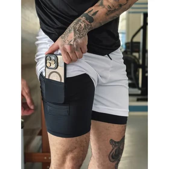 Short Corrida Academia 2 Em 1 Compressão Masculino Bolso Interno Poliéster Premium
