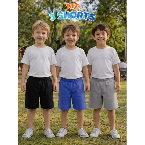Kit 3 Bermudas Moletinho de Algodão Infántil Masculina Menino Leve e Confortável