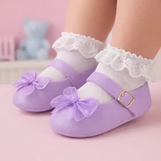 Sapatilha bebê lilás com laço voal  super luxuosa macia e confortável