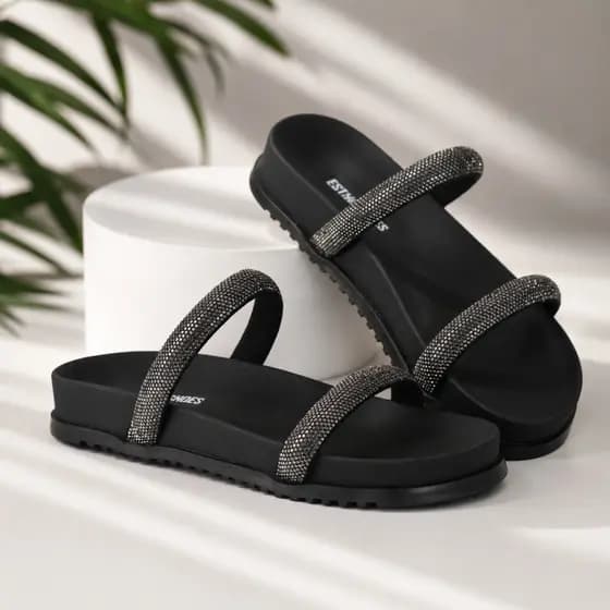 Papete Feminina Confortável Sandalia Chinelo Brilho 2 Tiras Reforçada
