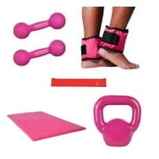Kit Academia Par Halter 3Kg Emborrachado Rosa+Par Caneleira 3Kg+Kettlebell 4Kg Peso Para Agachamento+Colchonete+Elástico