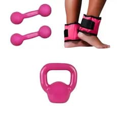 Kit Par de Halter 3kg + Par de Caneleira 3kg + Kettlebell 4kg Treino em Casa Pesos Rosa