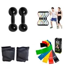 Kit Treino Completo Par Halter 2 Kg + Par Halter Caneleira 2 Kg + Kit Theraband + Elástico Multifuncional