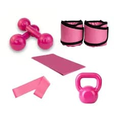 Treino Aeróbico Agachamento Kettlebell 4 Kg + Par Halter 3 Kg Rosa + Par Caneleira 3 Kg + Colchonete + Elástico