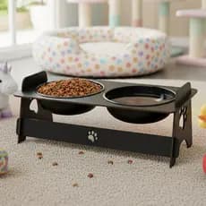 Comedouro Pet Duplo Elevado Com 2 Tigelas Vasilha Para Ração e Agua em Plástico e Madeira MDF