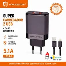 Carregador Turbo H’Maston LR24-2 5.1A 2 USB + Cabo Lightning