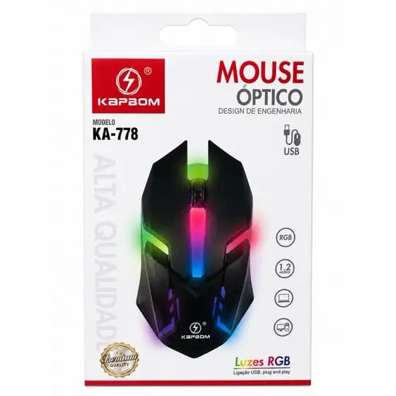 Mouse Óptico Gamer USB Kapbom KA-778 RGB com LED | 1200 DPI | Plug