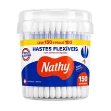 Hastes Flexíveis Nathy 150 Unidades + Pote Algodão Macio Cotonete Flexível Uso Diário