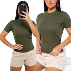 Blusa Feminina Canelada Manga Curta com Tecido Elástico Verde Gola Alta P ao GG Elegante Casual