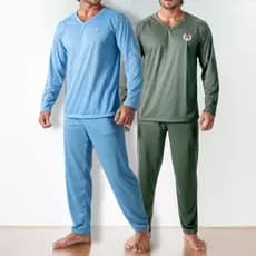 Kit 2 Pijama Masculino Malha Liso Adulto Comprido Pijamas Quentes Inverno Frio Longo Luxo