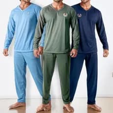 Kit 3 Pijama Masculino Malha Liso Adulto Comprido Pijamas Quentes Inverno Frio Longo Luxo