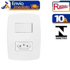 Interruptor + Tomada Radial (2P+T) 10A/250V Pérola Branca C/ Embalagem Bivolt Plástico Antichamas