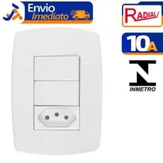 2 Teclas Simples + Tomada (2P+T) 10A/250V Pérola Branca C/ Embalagem Bivolt Plástico Antichamas