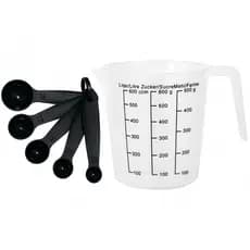 KIT 5 Colheres Medidoras + Jarra Medidora 600ML Plástico Transparente Alta Qualidade