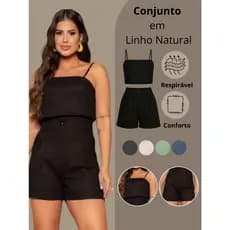 Conjunto de Linho Regata Shorts Com Bolsos Feminino Confortável Verão Cintura Alta Leve Soltinho