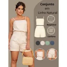 Conjunto Feminino em Linho Alfaiataria Verão Blusa Regata  + Shorts Cintura Alta Soltinho Estiloso Lançamento