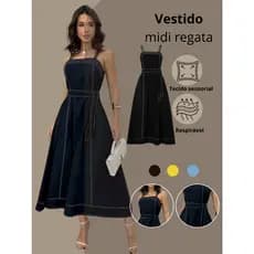 Vestido Feminino Longo Alças e Bolsos Laterais Evangélico Luxo Efeito Modelador Midi Tubinho Discreto