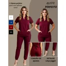 Scrub Feminino Acinturado Blusa Com Bolsos Frontais Calça com elástico e Bolso Faca Punho na Barra da Calça