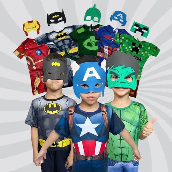 Fantasia Infantil Herói com Máscara Roupa Curta heroi para Festa Envio Rapido