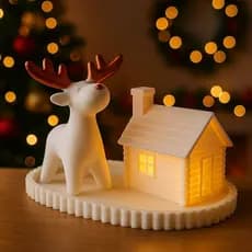 Decoração Natal Bandeja com Alce e Casinha iluminada com Vela de LED Enfeite Natalino