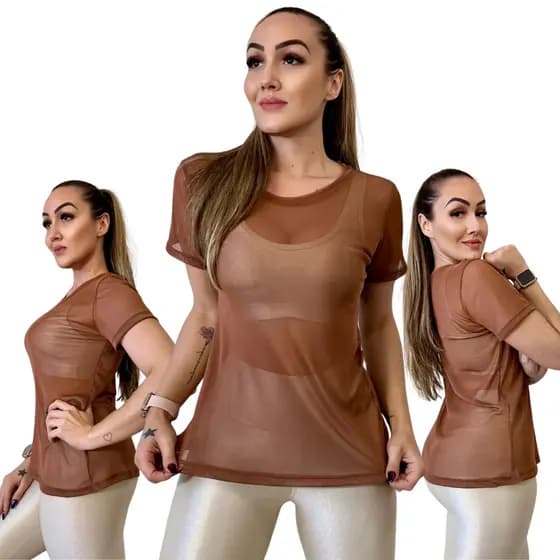 Blusa Feminina Trasparente Telinha Furinho Tule Fitness Treino Academia