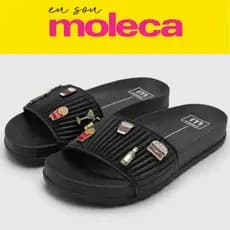 Rasteira Papete Moleca Feminina Preta com Enfeites Divertidos Slide Confortável Casual Moda